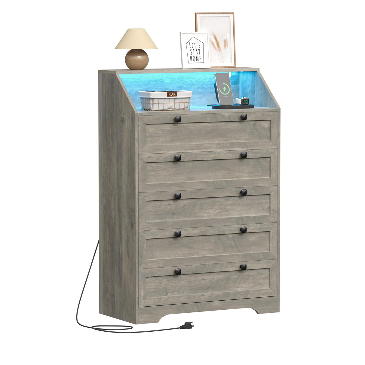 Wodeer Grey Dresser Tall 5 Drawer Dresser for Bedroom, Wood Chest of Drawers with LED Lights, Charging Station, Metal Handles, Modern Storage Cabinet and Organizer Drawers for Living Room, Hallway Wodeer