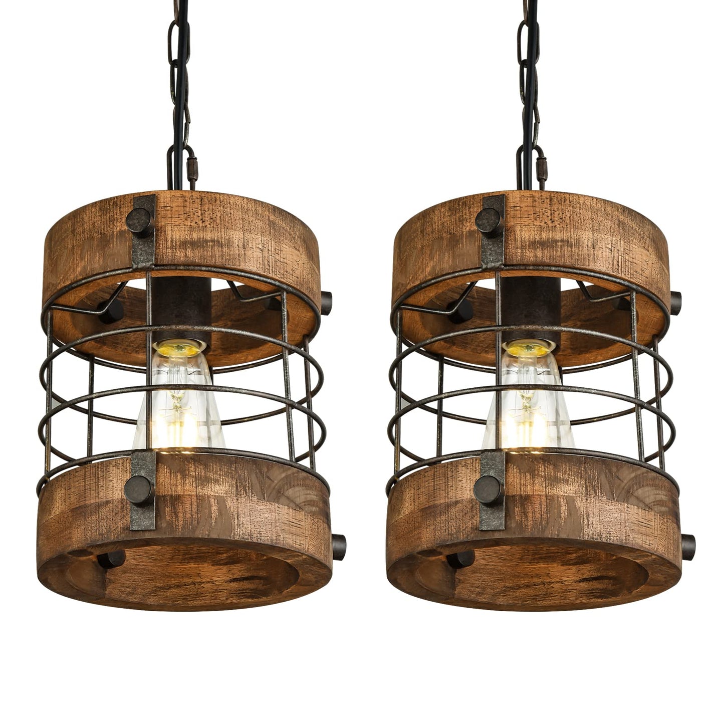 wochos Retro Industrial Metal and Wood Farmhouse Chandeliers, 1-Light Round Cage Pendant Light Fixtures for Farmhouse Kitchen Island Foyer Hallway Bar Dining Room Restaurant, Brown, 2 Pack