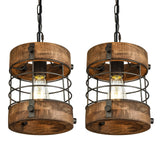 wochos Retro Industrial Metal and Wood Farmhouse Chandeliers, 1-Light Round Cage Pendant Light Fixtures for Farmhouse Kitchen Island Foyer Hallway Bar Dining Room Restaurant, Brown, 2 Pack wochos