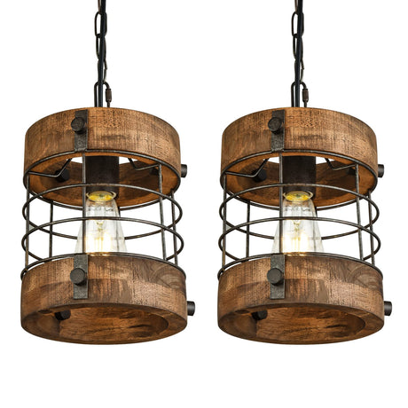 wochos Retro Industrial Metal and Wood Farmhouse Chandeliers, 1-Light Round Cage Pendant Light Fixtures for Farmhouse Kitchen Island Foyer Hallway Bar Dining Room Restaurant, Brown, 2 Pack wochos