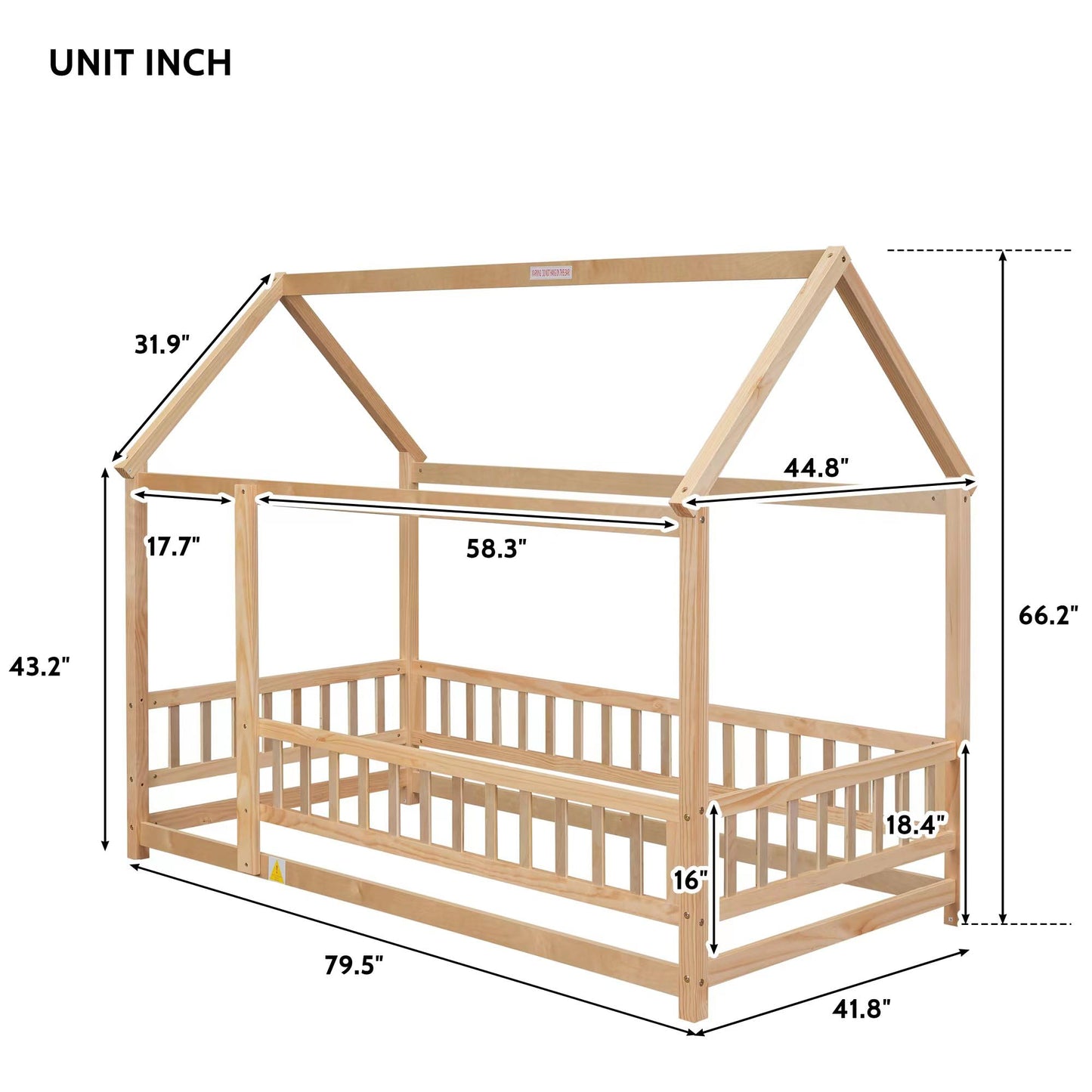 Brafab Twin Size Montessori Floor Bed with House Roof and Safety Guardrails in Natural Pine - WoodArtSupply