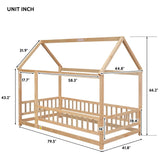 Bellemave Wooden Montessori Twin Size House Bed with Fence and Roof for Kids - Playhouse Frame in Natural Finish Bellemave