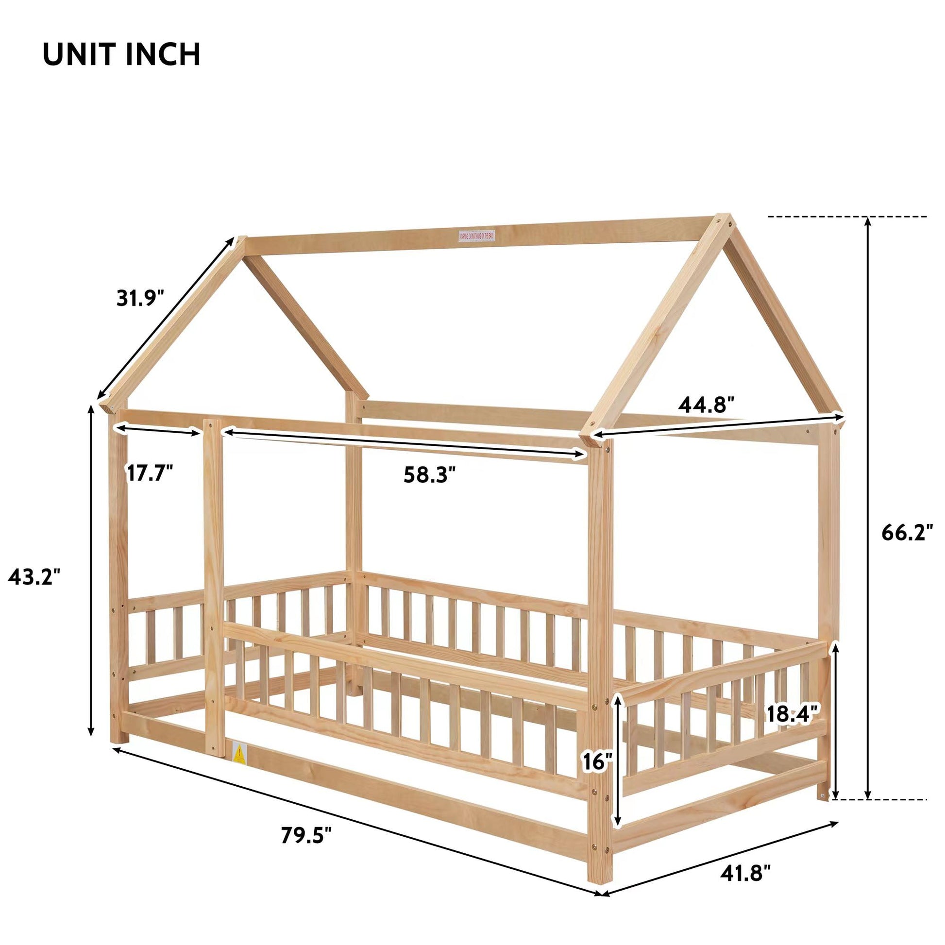 Bellemave Wooden Montessori Twin Size House Bed with Fence and Roof for Kids - Playhouse Frame in Natural Finish - WoodArtSupply