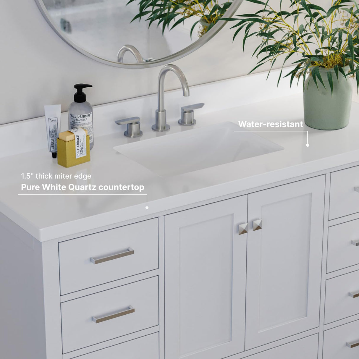 ARIEL Cambridge 55" White Bathroom Vanity with Sink, 1.5" Edge Pure White Quartz Countertop & Backsplash, Center Rectangular Sink, 2 Soft Closing Doors, 9 Full Extension Dovetail Drawers ARIEL