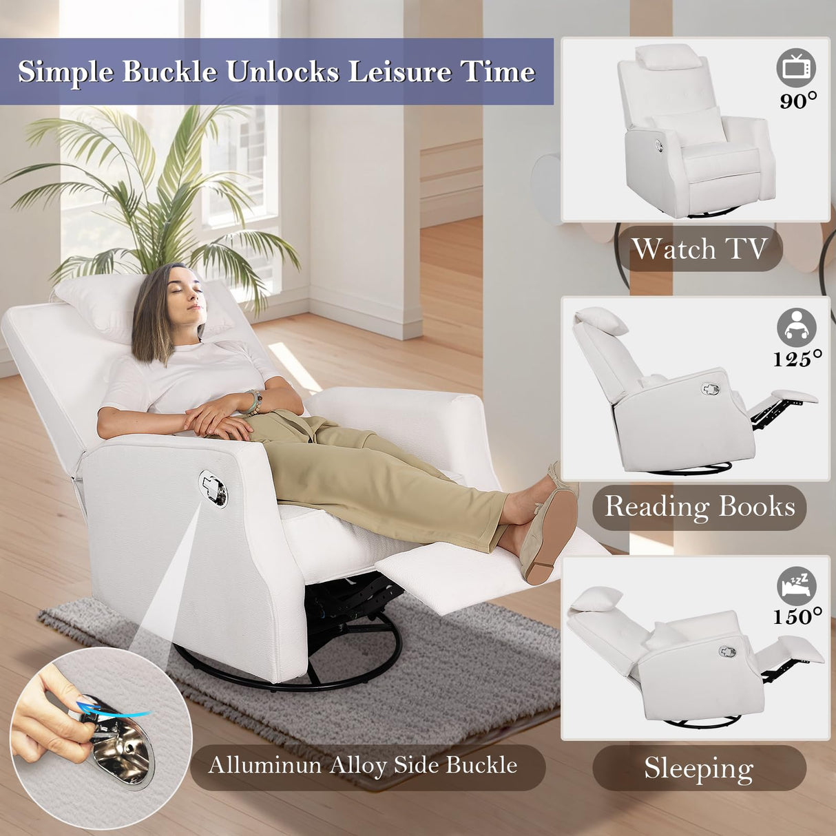 DIFYHOMEY Nursery Swivel Glider Recliner Chair Chenille Upholstered Accent Glider Rocker Recliner with Headrest and Lumbar Support Pillow for Nursery Living Room Bedroom (White) DIFYHOMEY