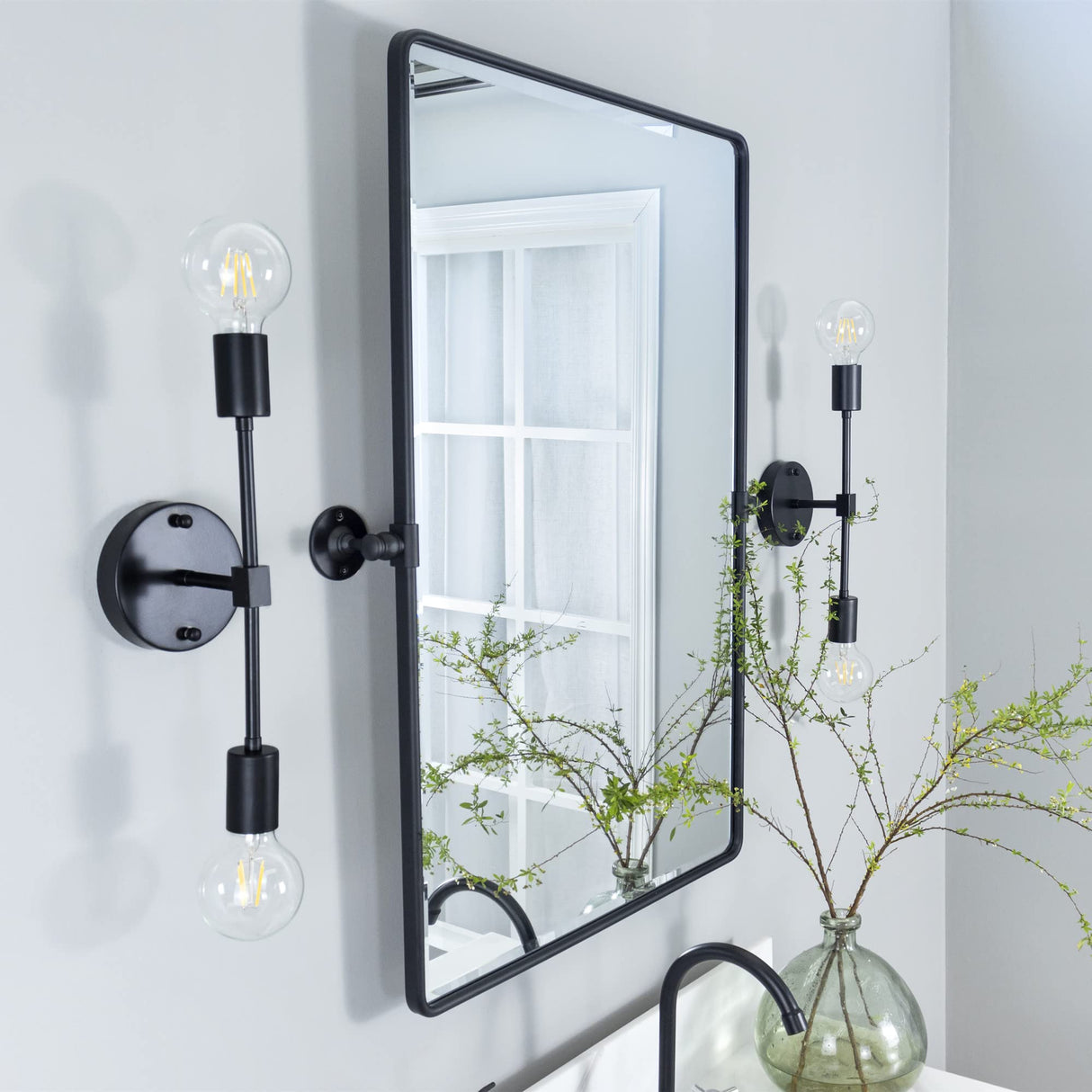TEHOME Matt Black Pivot Rectangle Bathroom Vanity Mirrror Farmhouse Tiltable Rounded Metal Framed Pivoting Bathroom Mirror with Beveled Mirrror, Overall 27 x 35 inches (Mirrror 23 x 35 inches) TEHOME