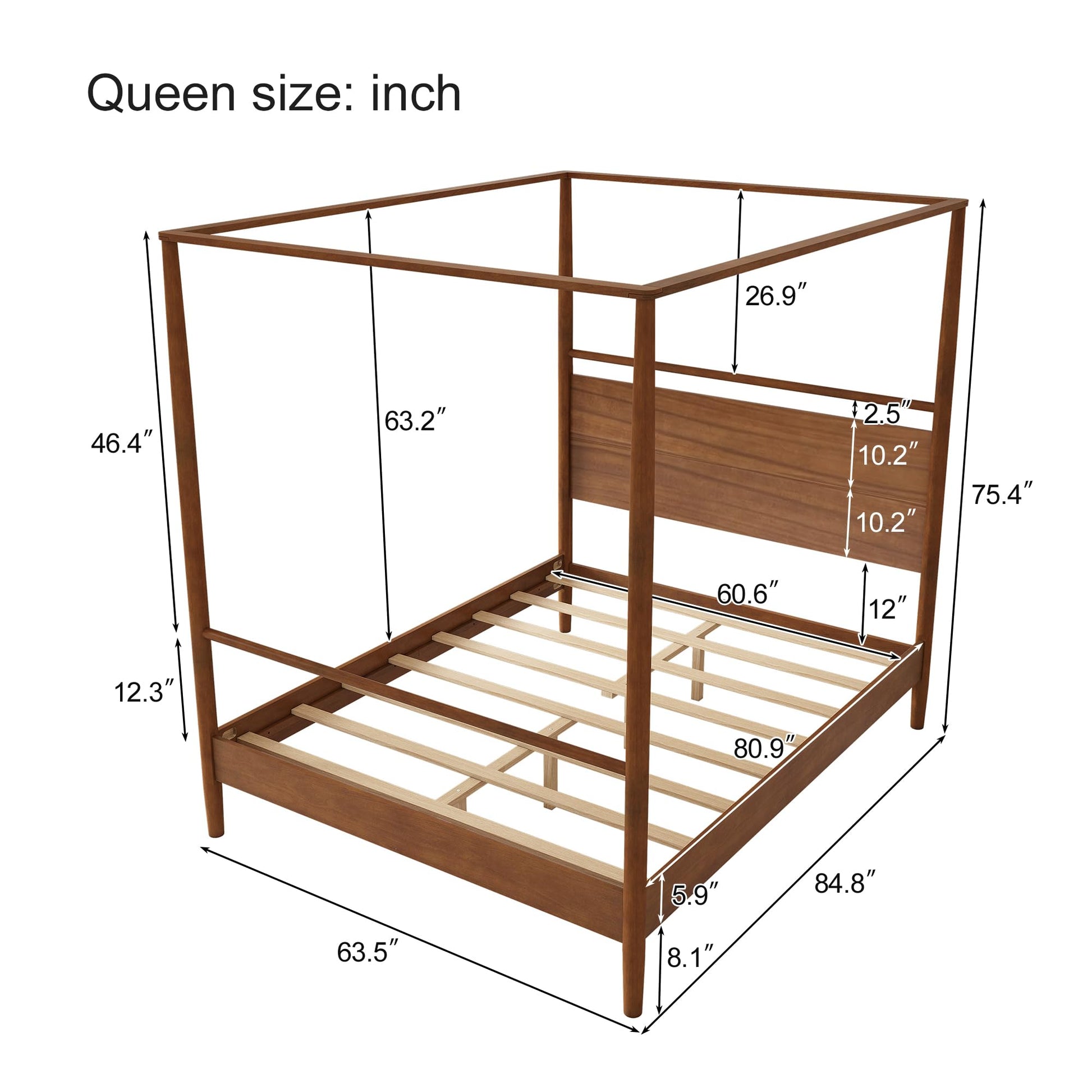 Luckiofvonne Queen Size Walnut Canopy Bed Frame with Headboard – Sturdy 4-Post Design, No Box Spring Needed - WoodArtSupply