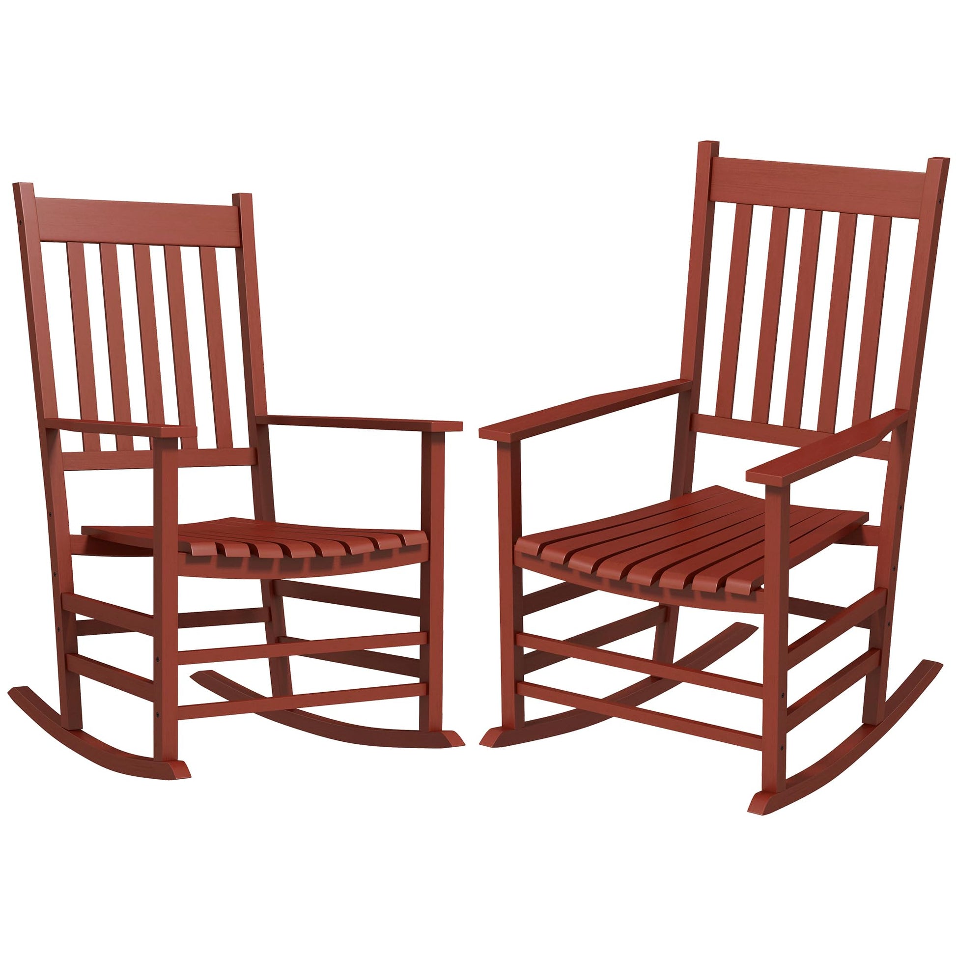 Outsunny Wooden Rocking Chair Set of 2, Outdoor Rocker Chairs with Curved Armrests, High Back & Slatted Seat for Garden, Balcony, Porch, Supports Up to 352 lbs., Wine Red - WoodArtSupply