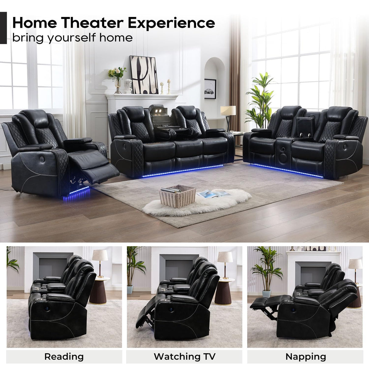 Power Recliner Sofa Set of 3 Pieces with Bass Speakers for Living Room, Faux Leather Electric Zero Gravity 3 Seater Reclining Couch with Wireless Charger and Loveseat Theater Chair w/LED Lights,Black Comfort Stretch