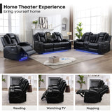Power Recliner Sofa Set of 3 Pieces with Bass Speakers for Living Room, Faux Leather Electric Zero Gravity 3 Seater Reclining Couch with Wireless Charger and Loveseat Theater Chair w/LED Lights,Black Comfort Stretch