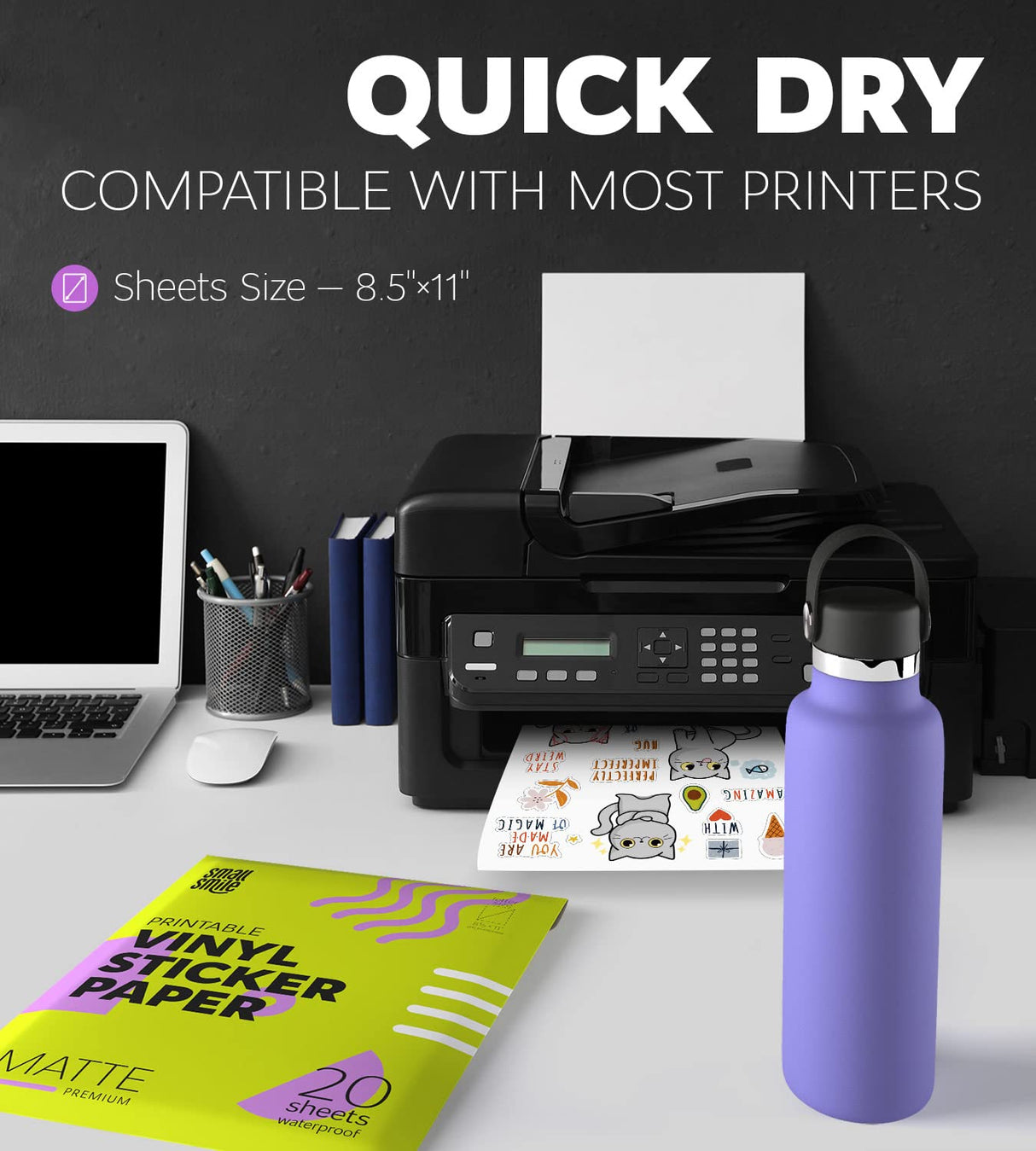 Premium Printable Vinyl Sticker Paper for Inkjet Printer and Laser - 20 White Matte Sticker Paper Waterproof - Durability Adhesive Paper 8.5 x 11, Fast Dry, Holds Ink Well, Great for Cutting Machines SMALL SMILE