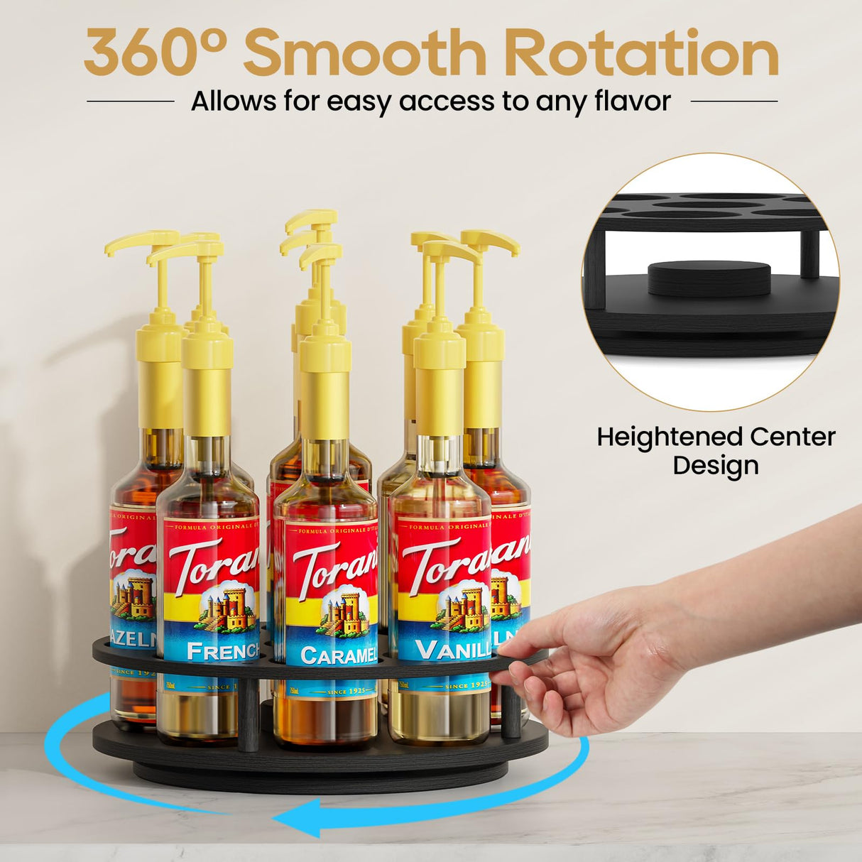 THYGIFTREE Large Rotating Coffee Syrup Organizer 9 Bottles Syrup Rack for Countertop Wood Syrup Bottle Holder Stand for Coffee Bar Station, Turntable Wine Display Tray, Black THYGIFTREE