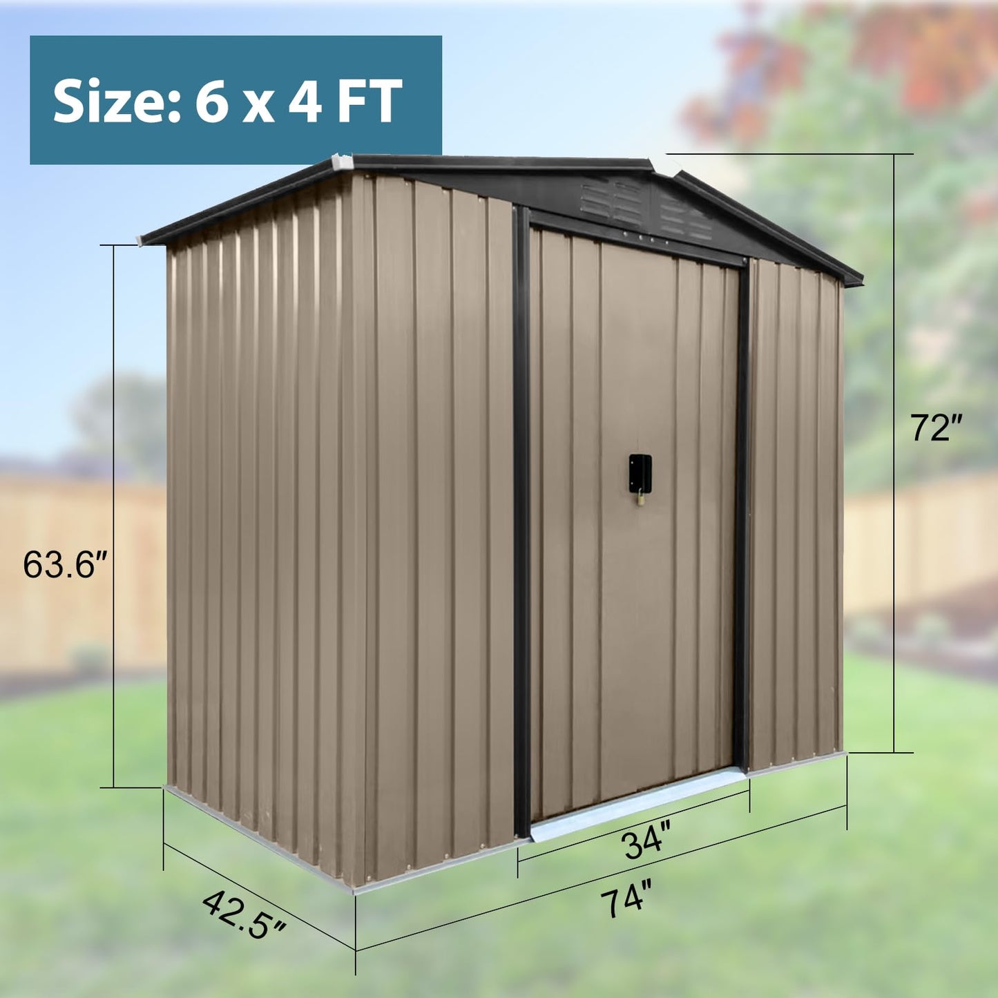 Zevemomo 6 x 4 ft Outdoor Storage Shed, All Weather Metal Sheds with Metal Foundation & Lockable Sliding Doors, Tool Sheds for Garden, Patio, Backyard, Lawn, Brown