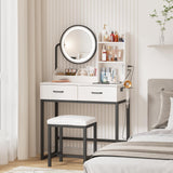 Vabches Makeup Vanity with Round Mirror and Lights, White Vanity Makeup Table with Charging Station, Small Vanity Table for Bedroom, 3 Lighting Vabches
