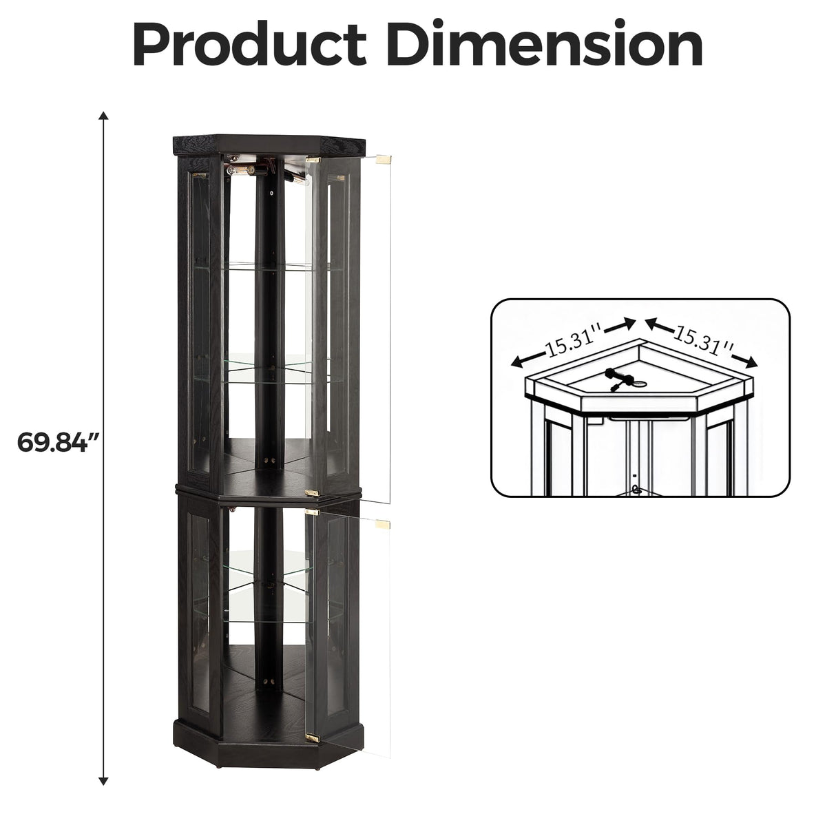 Trygoal 70" H Lighted Corner Curio Cabinet, Display Curio Cabinet with Tempered Glass Doors and Shelves, Corner Display Case with Light Bulb for Living Room, Dining Room, Black Trygoal