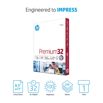 HP Papers | 8.5 x 11 Paper | Premium 32 lb | 1 Ream - 250 Sheets | 100 Bright | Made in USA - FSC Certified | 113500R