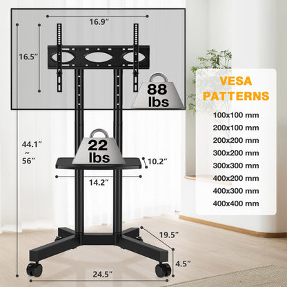 TVON Rolling TV Stand with Power Outlet for 32-70 Inch LCD LED OLED Flat Curved Screen TVs up to 88 lbs, Portable TV Stand on Wheels and Height Adjustment Max VESA 400x400mm