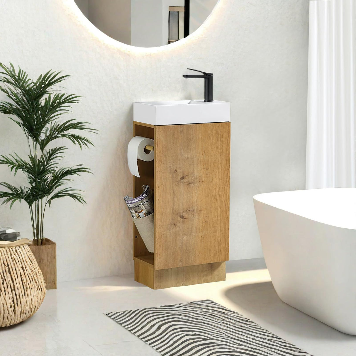 JINDOLI 16“ Bathroom Vanity Sink Combo for Small Space, Modern Floor-standing Small Bathroom Vanity with Sink, Small Bathroom Sink Cabinet Set with 2 Toilet Paper Holders, Snaefell Oak JINDOLI