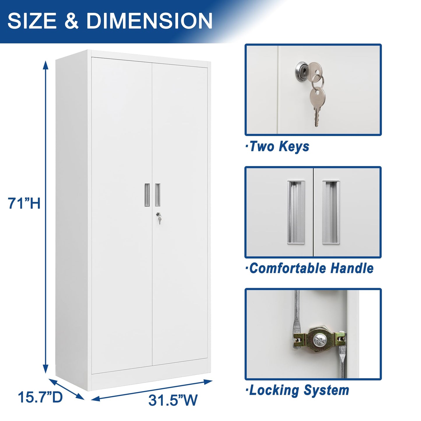 iDEKAI Metal Storage Cabinet with Lock, 71" Garage Storage Cabinets with 2 Lockable Doors and 4 Adjustable Shelves,Tall File Cabinet, Tool Cabinet for Office,Home,Garage,Gym,School (White) - WoodArtSupply