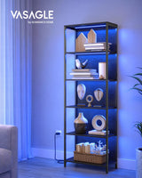 VASAGLE 6-Tier Dimmable LED Bookshelf with Steel Frame, Black Wood Grain Display Unit VASAGLE