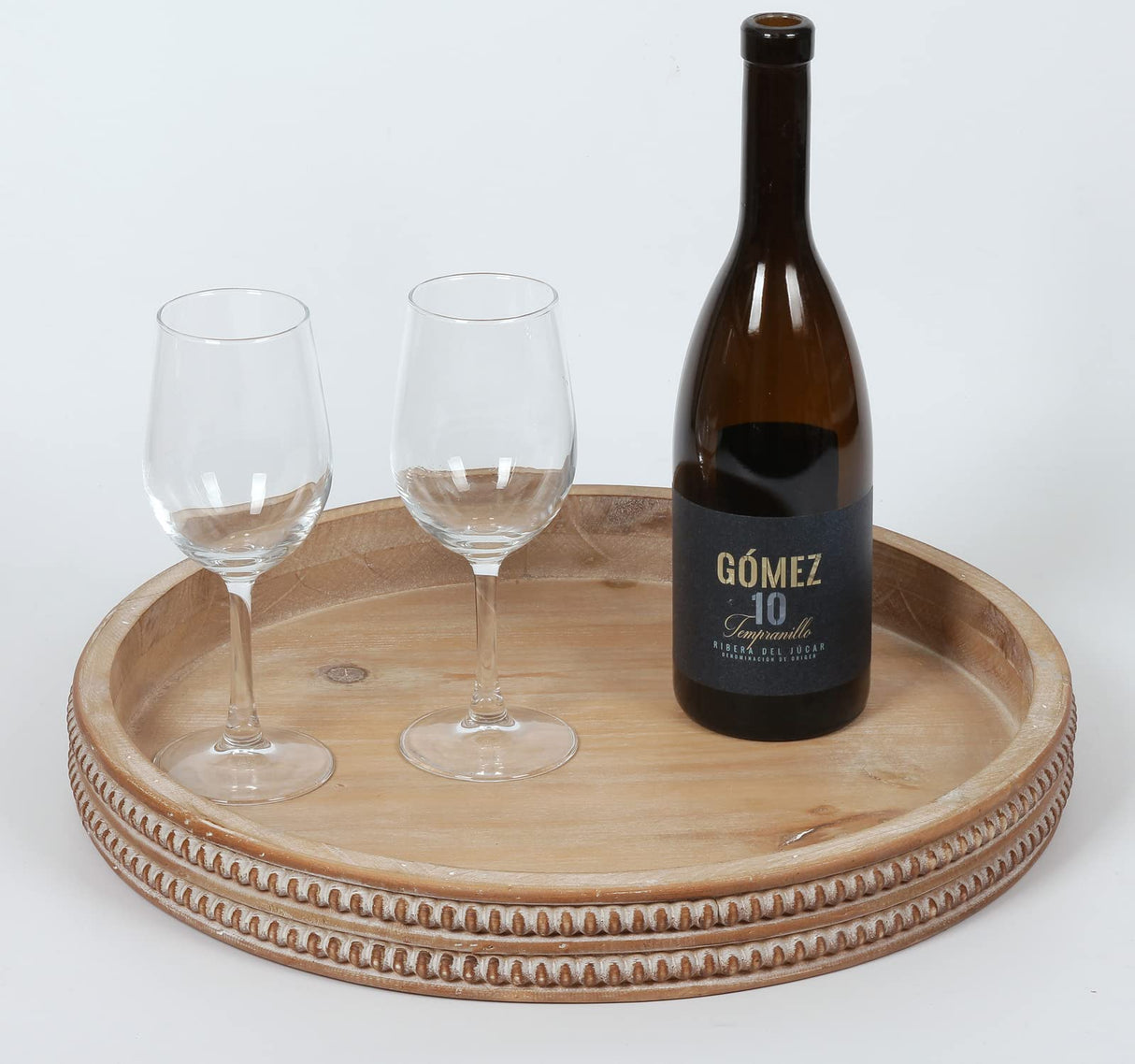 Carah & Cossh Round Wooden Serving Tray, Whitewashed Round Decorative Wood Tray, Round Farmhouse Rustic Decorative Tray, Perfect for Storage and Display (Brown) Carah & Cossh