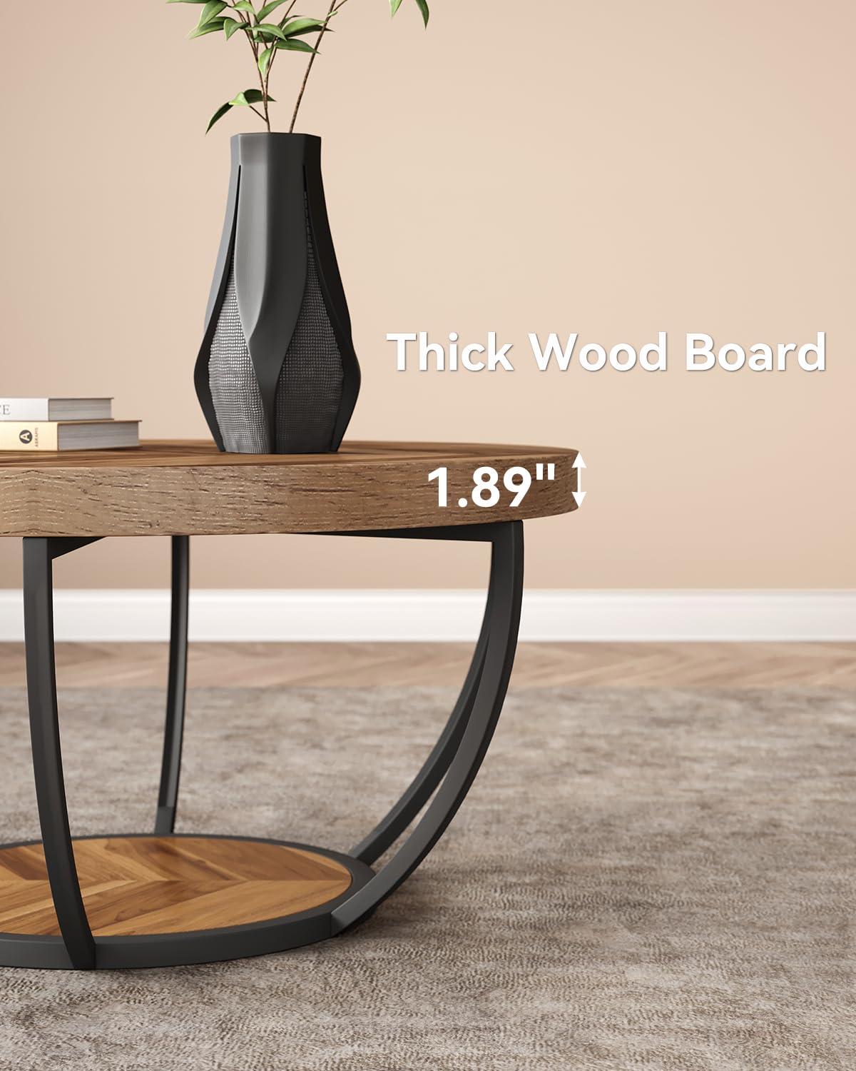 LITTLE TREE Round Coffee Table, 32" Circle Coffee Table for Living Room, 2-Tier Wood Accent Center Table with Open Storage Industrial Design Home Furniture (Wood Grain and Black) - WoodArtSupply