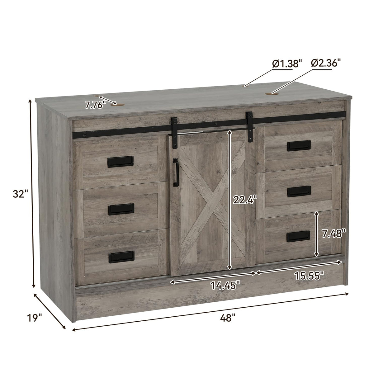 SOLIDEE 48" Barn Door Bathroom Vanity with 6 Drawers, Farmhouse Style Standing Pedestal Cabinet with Two Bluish Gray Glass Vessel Sinks SOLIDEE