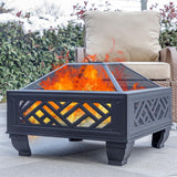 MistMo 26" Steel Square Fire Pit with Grill & Poker, Outdoor Fireplace with Mesh Cover for Patio, Backyard & Garden, Ideal Mistmo