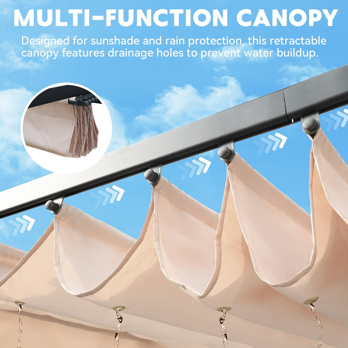 EROMMY Retractable Pergola 10' x 10', Metal Freestanding Shelter with Adjustable Sun Shade Canopy for Patios, Beige EROMMY