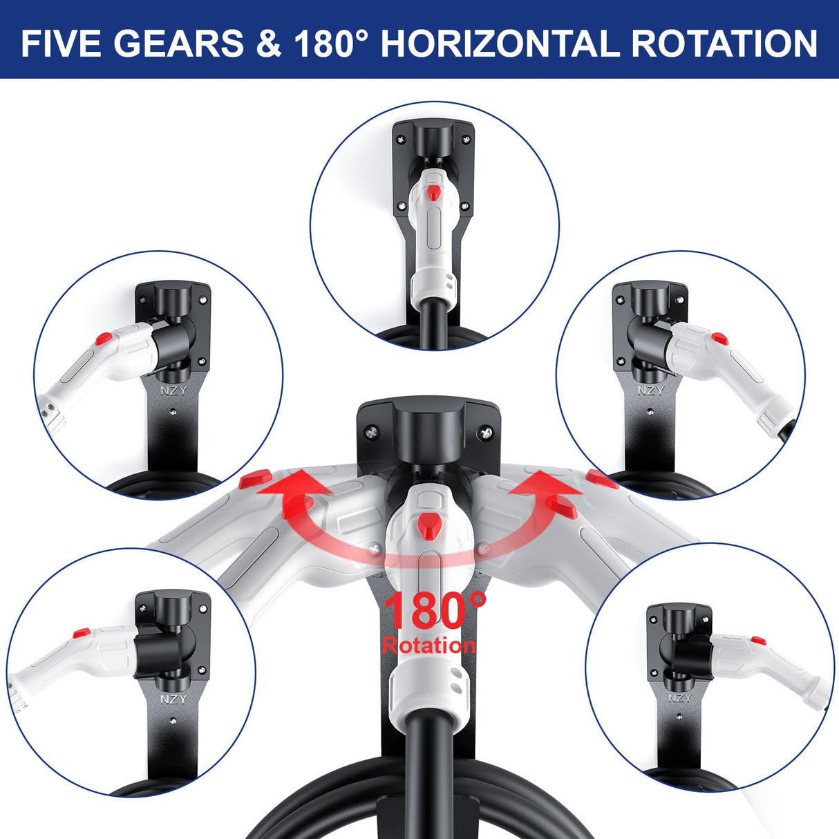 EV Charger Holder Wall Mount Kit, 180° Rotation EV Charger Nozzle Holster Dock for SAE J1772 Connector, Outdoor/Indoor, J-Hook EV Charger Cable Organizer for Electric Vehicles NZY