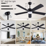 QUTWOB 52" Ceiling Fans with Light and Remote,Farmhouse 5 Blades Quiet Reversible DC Motor Ceiling Fans for Modern Indoor/Outdoor/Patio/Living Room/Bedroom(Black/Walnut) QUTWOB