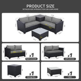 Outdoor PE Wicker Patio Furniture Set 4 Piece Black Rattan Sectional Loveseat Couch Set Conversation Sofa with Storage Box Glass Top Table and Non-Slip Grey Cushion WAROOM