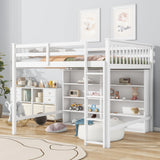Full Loft Bed with 8 Storage Shelves, Wooden Loft Beds Frame with Bookcase, High Loft Bed with Ladder for Kids Boys Girls Teens, Antique White Bellemave