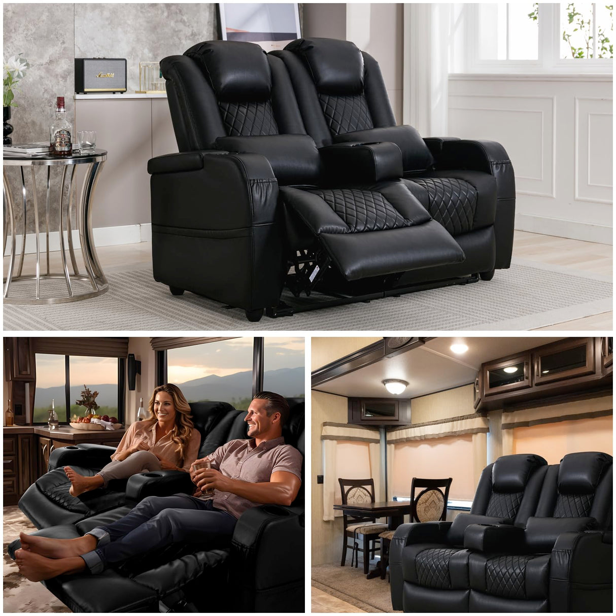 Attliahome 57" RV Loveseat Recliner, Double Recliner Furniture with 3 Arms and 2 Pillows, Wall Hugger Recliners & 135° Reclining Theater Seating (Black PU Leather RV Couch) Attliahome