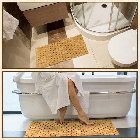 Barydat 2 Pcs Bathroom Bamboo Bath Mat Set Long Large Bathtub Non Slip Bamboo Shower Mat Floor Wooden Rug Waterproof Bathmat for Bathroom Accessory Spa Kitchen Outdoor, 16 x 48 Inch and 16 x 24 Inch Barydat