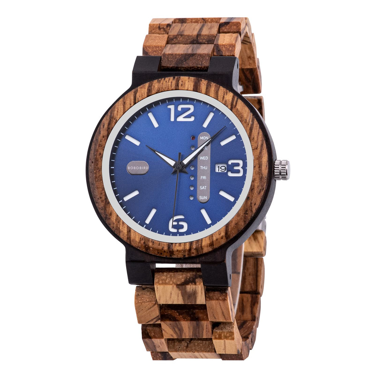 BOBO BIRD Week and Date Multi-Functional Display Men's Zebra Wooden Quartz Watch Lightweight Handmade Casual Wristwatches with Gift Box (Blue Dial) BOBO BIRD