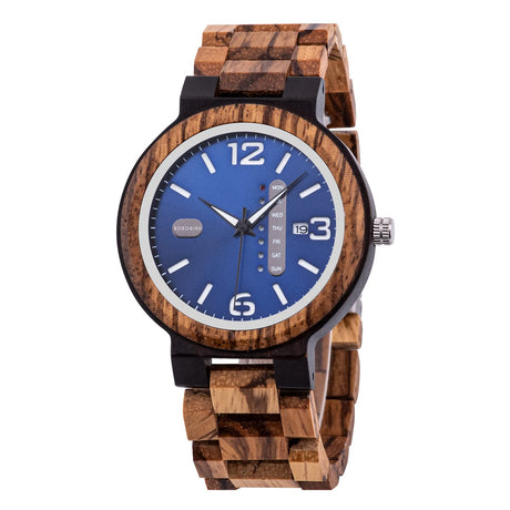 BOBO BIRD Week and Date Multi-Functional Display Men's Zebra Wooden Quartz Watch Lightweight Handmade Casual Wristwatches with Gift Box (Blue Dial) BOBO BIRD