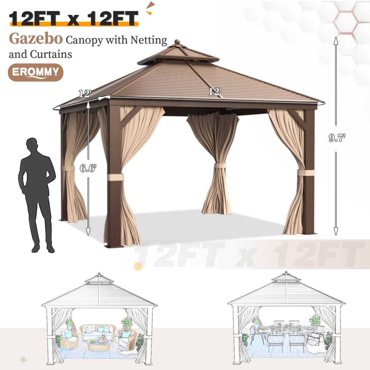EROMMY 12'x12' Hardtop Gazebo Galvanized Steel Outdoor Gazebo Canopy Double Vented Roof Pergolas Aluminum Frame with Netting and Curtains for Garden,Patio,Lawns,Parties EROMMY