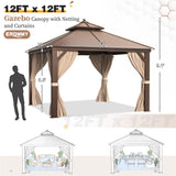 EROMMY 12'x12' Hardtop Gazebo Galvanized Steel Outdoor Gazebo Canopy Double Vented Roof Pergolas Aluminum Frame with Netting and Curtains for Garden,Patio,Lawns,Parties EROMMY