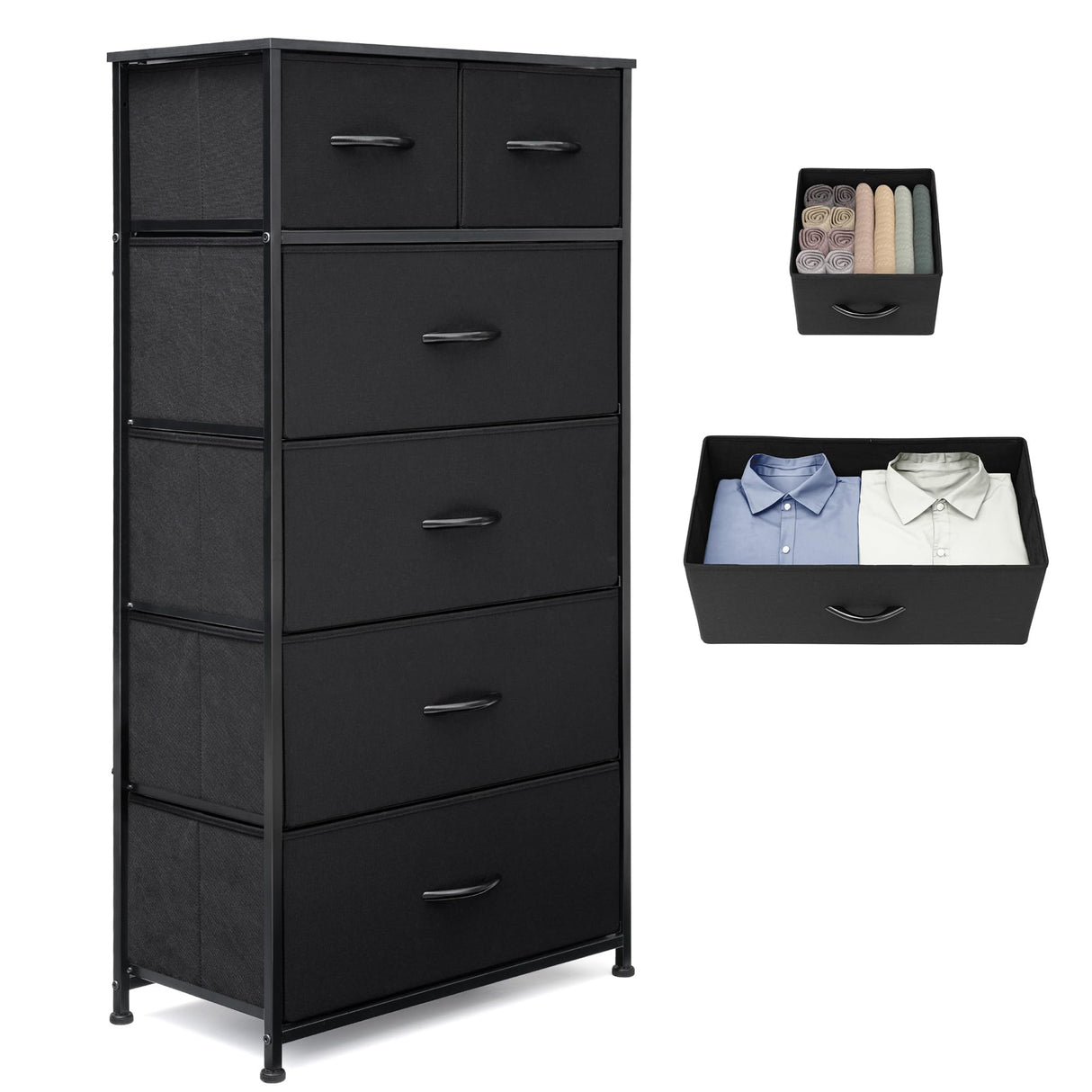 VredHom Fabric Dresser for Bedroom, Tall Skinny Dresser with 6 Drawers, Storage Organizer Tower, Steel Frame Wooden Top for Closet, Living Room, Hallway, Nursery(Black) VredHom