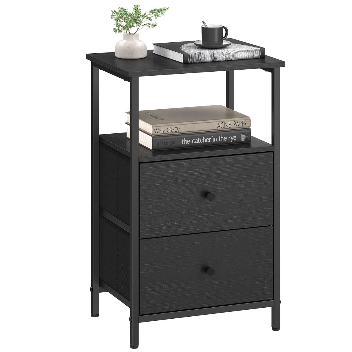 VASAGLE Nightstand, Side Table with 2 Fabric Drawers, 24-Inch Tall End Table with Storage Shelf, Bedroom, Ash Black and Black ULGS025B21 VASAGLE
