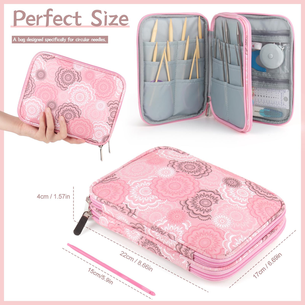 Katech Knitting Needle Case (up to 8''), Circular Knitting Needles Organizer Case for Interchangeable Knitting Needle, Portable Travel Needle Organizer Bag with Zipper for Carry Knitting Accessories Katech