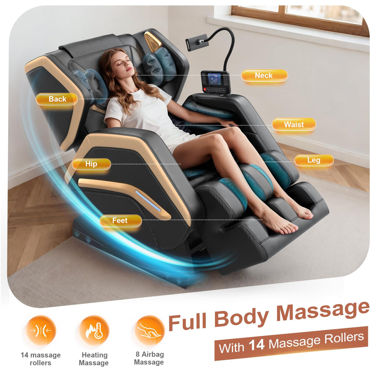 NAGLIFOR Massage Chair Full Body, Zero Gravity Massage Chair with Heating, 8 Airbags, 14 Fixed Rollers, Foot Massage, Bluetooth Speaker, Touch Remote Control, Nightlights for Family and Friends NAGLIFOR
