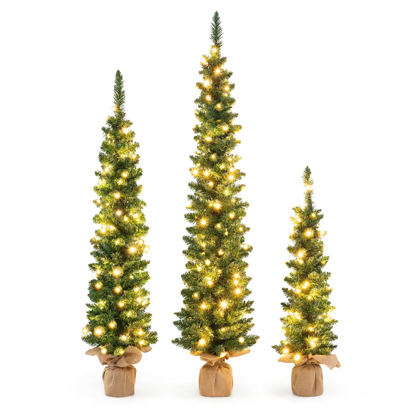 Goplus 3' 4' 5' Pre-Lit Artificial Christmas Tree Set of 3, Slim Pencil Xmas Trees with 415 Green Branch Tips, 230 Warm White LED Lights, Burlap Base, for Holiday Party Seasonal Office Home Decor