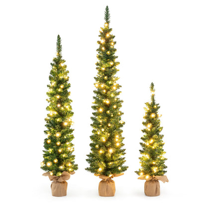 Goplus 3' 4' 5' Pre-Lit Artificial Christmas Tree Set of 3, Slim Pencil Xmas Trees with 415 Green Branch Tips, 230 Warm White LED Lights, Burlap Base, for Holiday Party Seasonal Office Home Decor