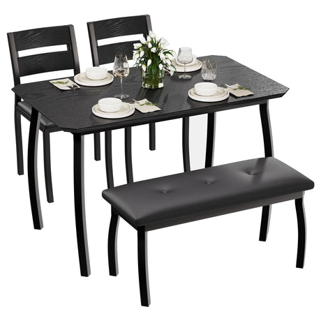 GarveeHome Dining Table Set for 4, Sturdy Wooden Kitchen Table with Chamfer Design and Metal Legs, Upholstered Bench & 2 Classic Dinner Chairs, Kitchen and Dining Set for Home Dinner, Party, Black GarveeHome