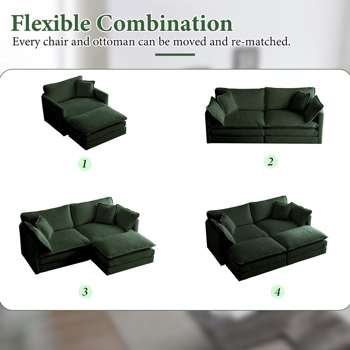 76.7" Deep Seat Sectional Cloud Sofa with 2 Ottomans & Soft Pillows, Loveseat Modular Couch for Living Room, Apartment, Small Space, Dark Green Chenille Tmsan