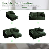 76.7" Deep Seat Sectional Cloud Sofa with 2 Ottomans & Soft Pillows, Loveseat Modular Couch for Living Room, Apartment, Small Space, Dark Green Chenille Tmsan