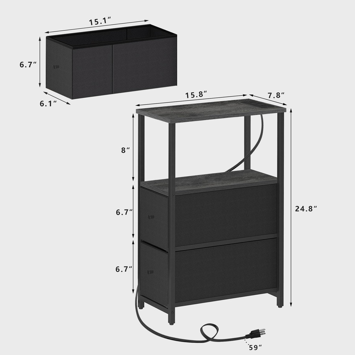 TUTOTAK Small Narrow LED End Table with Charging Station, Side Table Outlets, Nightstand with 2 Cloth Drawers, Set of 2, Couch Table, for Living Room, Bedroom, Bedside, Charcoal Grey TB01BY056 TUTOTAK