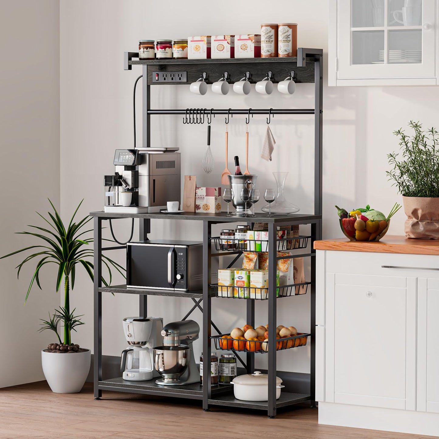 Kalrin Large Bakers Rack with Power Outlets 38.8 Inches, 15 Hooks Coffee Bar with 3 Wire Basket, Microwave Stand Kitchen Storage Shelf for Spices, Cups, Pots, 38.8 x 16.3 x 62.2 in, Gray Oak